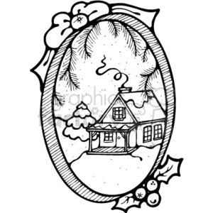 This clipart image depicts a cozy cabin scene set in a winter landscape. The cabin has a chimney with smoke curling out, indicating warmth inside. It is surrounded by snow-covered trees, and there are snowflakes and some cloud details in the sky above. Framing the scene is an oval border with decorative elements typical of the holiday season: holly leaves and berries in two corners.