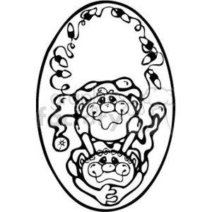 This image is a black and white clipart featuring a Christmas-themed illustration. It looks like two elves or small Santa-like figures are framed within an oval shape, possibly a window decked with holiday decorations. The figures appear to be whimsical and festive, with details such as a star and possibly snowflakes or festive lights around the border, suggesting a cheerful holiday scene.