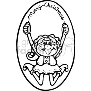 This is a black and white clipart image featuring a joyful elf with glasses sitting down and holding up a string or garland that reads Merry Christmas in stylized text. The elf is framed within an oval border that looks like a festive window or ornament.