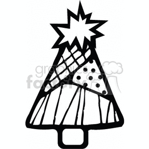 The image displays a stylized black and white clipart of a simplified Christmas tree with a star on top. The tree appears to have patches or segments, which could signify a quilted or patched aesthetic. The base of the tree has a flat surface, indicating where it could stand or be attached.