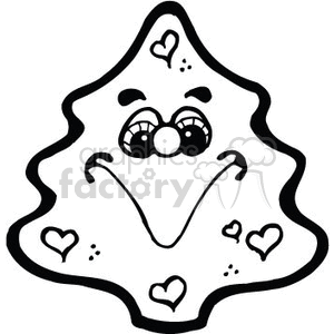 The image is a black and white clipart illustration of a stylized, smiling Christmas tree with a happy facial expression. The tree has eyes and a mouth, and there are heart shapes around it.