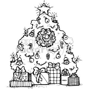 The clipart image depicts a decorated Christmas tree with a star on top and various ornaments such as candy canes, bells, and balls. At the base of the tree, there are several gifts or presents wrapped with ribbons and bows.