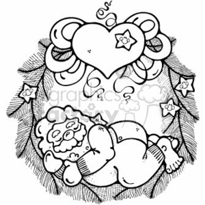 The clipart image features a sleeping figure that resembles Santa Claus, surrounded by a festive wreath. The wreath is adorned with stars and hearts, creating a holiday atmosphere. It looks like a line drawing suitable for coloring activities, with distinct outlines and decorative elements implying a Christmas theme.