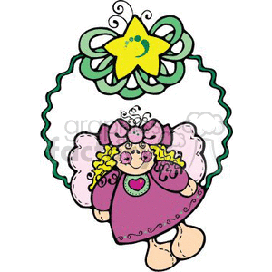 The clipart image depicts a Christmas wreath with a stylized star at the top. Below the wreath, there is a cute cartoon angel with yellow hair, wearing a pink dress with heart decorations, and large white wings.