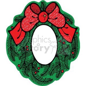 This clipart image depicts a traditional Christmas wreath with a red bow at the top and red berries interspersed among the green foliage. The style is cartoonish and colorful, typical of holiday-themed decorations.