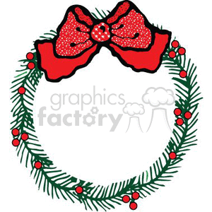 This clipart image depicts a traditional Christmas wreath adorned with green foliage, red holly berries, and a large red bow with polka dots at the top. The wreath is circular and the bow is tied in the center, adding a festive touch to the decoration.