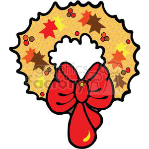 The clipart image depicts a stylized holiday wreath with a red bow. The wreath is adorned with stars and what appear to be berry-like decorations. The colors suggest a theme suitable for Christmas or fall seasons.