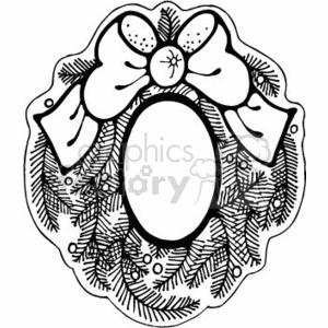 The image is a black and white clipart illustration of a decorative Christmas wreath. The wreath features an array of pine or fir branches arranged in a circular shape. On the top, there is a bow with tails draping down the sides. The center of the bow has a cluster of holly berries and leaves.