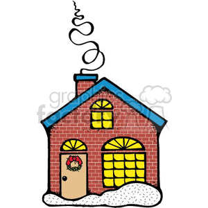 The clipart image depicts a cozy brick cabin with a snow-covered roof, and smoke curling up from the chimney, suggesting a warm fire inside. The house has yellow-lit windows that convey a sense of warmth in the winter cold. The front door is adorned with a festive Christmas wreath, emphasizing the holiday season. The ground in front of the cabin is also covered in snow, enhancing the wintry holiday atmosphere.