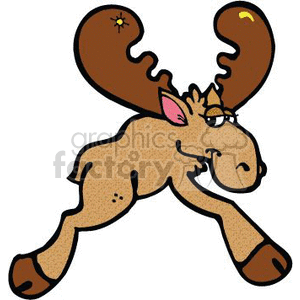 This is a clipart image of a cartoon moose. The moose has large antlers, each featuring a small decorative element that appears like a star or sparkle. Its body is a tan color with darker shading on the underbelly and hooves. One of the moose's ears is pink inside, indicating depth and liveliness. The moose's facial expression is somewhat indifferent with a hint of a small frown, and it has details such as eyes with pupils and eyelashes, a prominent nose, and a subtle mouth line.