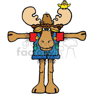 The clipart image displays a cartoon moose standing upright with a humorous and charming expression. The moose is donning a blue vest with patches, and has a yellow bird perched on top of its head. The bird appears to be small and cute, and may also be depicted in a stylized, comical manner. The overall theme of the image suggests a lighthearted, rustic, or country feel.