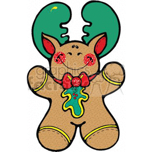 The clipart image depicts a gingerbread cookie designed to resemble a moose. The cookie has a cheerful expression, with added features such as large green antlers, red polka-dotted cheeks, and a red and green bowtie. It also has a decorated gingerbread man on its belly.