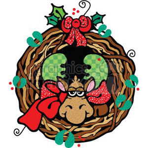 This clipart image features a whimsical Christmas or holiday-themed illustration. The image includes a moose peeking through a decorative Christmas wreath. The wreath is adorned with a red bow and holly berries at the top, and there are light blue and green accents that could represent leaves or berries scattered around the wreath. The moose itself has noticeable antlers, large eyes with glasses, a big nose, and a festive red and white polka-dotted bow tied around its neck.