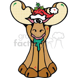 The clipart image shows a cartoonish moose with a cheerful expression wearing a Santa hat decorated with holly. The moose appears to be in a festive mood, perhaps ready for Christmas celebrations.