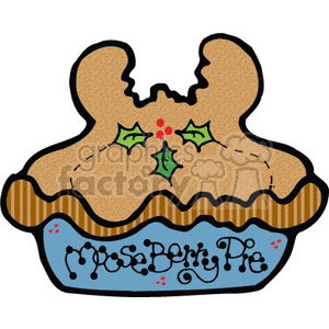 This is a clipart image of a whimsical Christmas pie with a moose silhouette as the crust design. There are holly decorations on the top, and the words Moose Berry Pie written on the rim of the pie dish.