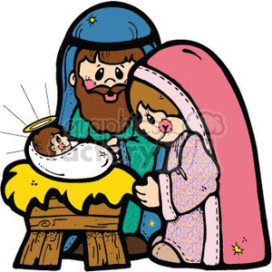This clipart image features the classic nativity scene associated with Christmas. It includes baby Jesus lying in a manger with a halo around his head, while Mary and Joseph are lovingly watching over him. Mary is depicted in pink robes with a veil, and Joseph is in blue robes with a brown beard. The image captures the iconic moment of Jesus' birth in a simplified, cartoonish style, ideal for holiday decorations and storytelling.