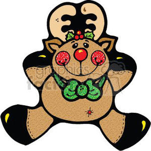 The image appears to be a festive and cheerful cartoon of a reindeer with typical Christmas holiday elements. The reindeer has a red nose, which could be a nod to Rudolph, the red-nosed reindeer from the popular Christmas song and story. It's decorated with what looks to be a holly berry ornament on its head and a green collar. You can also see some shiny accents that suggest the design is intended to look sparkly or glittery, adding to the festive feel of the clipart.