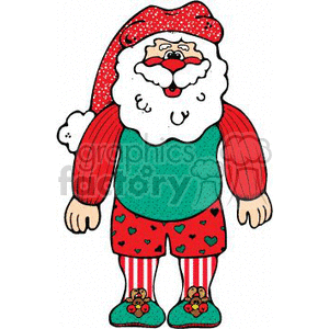 The clipart image shows a cartoon version of Santa Claus standing and smiling. Santa is wearing a red hat with white fur trim and a pom-pom, a green shirt, and red boxer shorts decorated with green hearts. His red socks are striped like a candy cane, and he seems to be in a jolly mood.