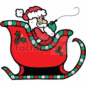 The image is a colorful clipart illustration featuring Santa Claus in his iconic red and white suit, complete with a hat, seated in his traditional red sleigh adorned with holly berries and green leaves. Santa is holding the reins, which suggests that he is ready to guide his reindeer on a festive Christmas journey.