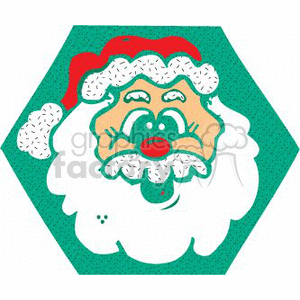 The image is a stylized clipart depiction of Santa Claus. It features Santa's head with a prominent red hat, fluffy white beard, and mustache. He has rosy cheeks, a round red nose, and is making a surprised or excited facial expression.