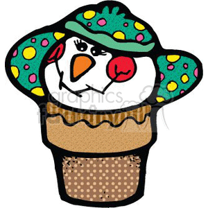 The image features a whimsical depiction of a snowman combined with an ice cream cone. The snowman appears to be wearing a colorful hat with polka dots and has a carrot nose and red cheeks. The ice cream cone is represented in two layers, possibly indicating different flavors, with the upper part forming the snowman's head and the lower part serving as the body or base. The cone itself has a dotted pattern.