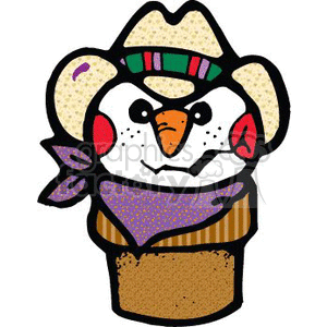 The image is a clipart illustration of a snowman designed to resemble an ice cream cone. The snowman has a carrot nose, a dotted scarf, and wears a hat decorated with colorful stripes and a sprinkle pattern, suggesting that it might be representing a kind of festive ice cream. The bottom of the snowman is encased in what appears to be the ice cream cone, and the overall design merges themes of winter and festive treats. 