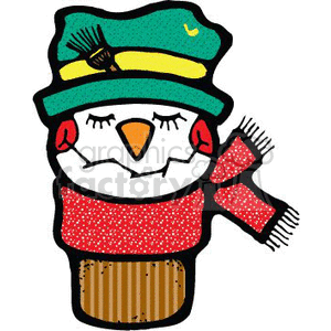 The clipart image shows a whimsical drawing of a snowman merged with an ice cream cone. The snowman features a smiling face, an orange carrot nose, rosy cheeks, closed eyes, and is wearing a green hat with a yellow band and a small brown stick, resembling a decoration or a feather, sticking out. The snowman also wears a red scarf dotted with white, which gives an impression of either a snowy texture or festive holiday sprinkle. Instead of a traditional snow body, the snowman is perched atop an ice cream cone, which has vertical brown and tan stripes, suggesting a waffle or sugar cone.