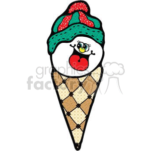 This clipart image depicts a whimsical Christmas-themed ice cream cone designed to look like a snowman. The cone itself serves as the body of the snowman, with an ice cream scoop depicted as the snowman's head. The ice cream scoop is topped with what appears to be a green knit hat with red trim and spots, which could be interpreted as holly berries or festive decorations. The snowman's face features large, lively eyes and a red, carrot-like nose, completing the playful holiday look.