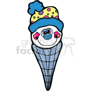The clipart image features a whimsical drawing of a snowman with characteristics of an ice cream cone. The snowman's head appears to be the scoop of ice cream, complete with decorative elements that resemble sprinkles, and it's wearing a hat. The cone doubles as the snowman's body, and it's adorned with a grid pattern that may suggest a waffle cone texture.