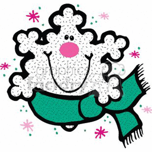 The image depicts a whimsical illustration of a snowflake character. The character appears to be made of snow with a cheerful face, dots for eyes, a pink circular nose, and an open, smiling mouth. It wears a cozy green scarf with fringe detailing, suggesting it is personified for the winter or holiday season. The background includes smaller snowflakes in pink and light blue, alluding to snowfall and adding to the festive winter atmosphere.