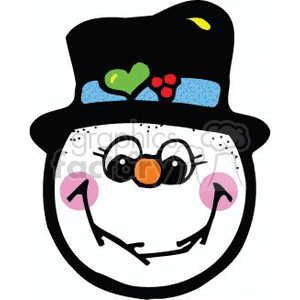 This clipart image features a cheerful cartoon snowman with a face, showcasing a big, friendly smile and rosy cheeks. The snowman is wearing a black top hat adorned with a colorful band and a small holly berry and leaves as decoration. The face includes round eyes, a carrot nose, and a heart-shaped embellishment in the center of the top hat.