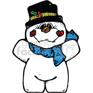 This clipart image features a happy snowman suitable for the winter holiday season. The snowman is wearing a top hat adorned with holly berries, has a big cheerful smile, a carrot nose, and a blue scarf with polka dots. It appears to be a chunky, friendly snowman typical of Christmas or winter holiday decorations.
