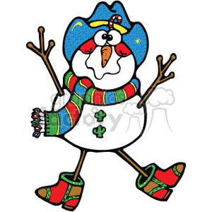 The clipart image features a cartoon snowman with a jovial expression. It is dressed in a blue hat with a red and white flower pattern, a colorful striped scarf, and cowboy boots with green cactus designs. The snowman also has twig arms