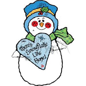 The clipart image features a festive snowman character associated with winter holidays, like Christmas. The snowman is wearing a blue hat with a holly berry adornment and a green scarf. Its face consists of two eyes, a carrot-shaped nose, and a joyful expression. The snowman is holding a heart-shaped sign with the playful phrase There's Snowflake Like Home! which is a pun combining the concepts of snowflakes and the saying, There's no place like home. The heart sign also features snowflake illustrations.