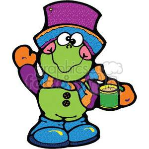 The image shows a cartoon frog dressed in winter clothing typically associated with the Christmas season. The frog is wearing a purple top hat with a pink band, an orange scarf, and a green and purple-striped sweater. It has three buttons down the front and is wearing blue pants and blue boots. The frog is holding a green mug of cocoa