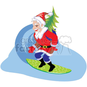 This image depicts a cartoon version of Santa Claus surfing on a wave. Santa is wearing his traditional red and white suit with a Santa hat, and he has a festive Christmas tree strapped to his back. He's riding a green patterned surfboard, and the overall scene suggests a tropical or summertime holiday theme.