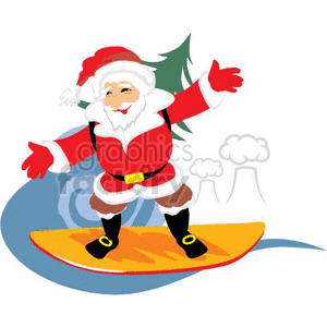 The clipart image features a cartoon depiction of Santa Claus surfing. He is standing on a yellow-orange surfboard with waves beneath it. Santa is dressed in his traditional red suit with white trim and a Santa hat, belt, gloves, and boots. There's also a small green Christmas tree in the background suggesting a holiday theme.