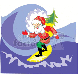 This is a clipart image depicting Santa Claus surfing on a big wave. He is dressed in his iconic red suit and hat with white trim, along with green pants. Santa appears to be having a good time, with one hand extended outward and a friendly expression on his face. In the background, a Christmas tree can be partially seen, reinforcing the holiday theme.