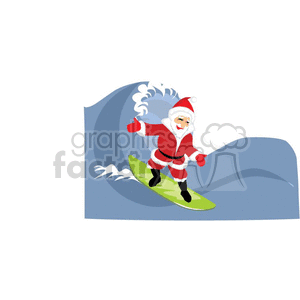 The clipart image depicts Santa Claus surfing on a large wave. Santa is dressed in his traditional red and white suit with a hat, and is riding a green surfboard. The image represents a festive, tropical twist on the traditional Christmas theme, blending the holidays with a summer surf vibe.