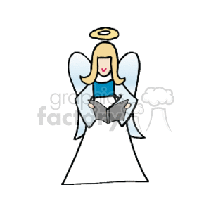 The image is a simple clipart illustration of a Christmas angel. The angel has blue wings, a white dress, and is depicted with a yellow halo above her head. She has blonde hair and is seen reading a book which could be implied as a hymn or prayer book.
