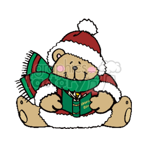 The clipart image features a cute teddy bear dressed in a Santa hat and a green scarf, seated and reading a book that has 'Xmas' written on the cover. The bear has a joyful expression, which gives the image a festive and cozy feel.