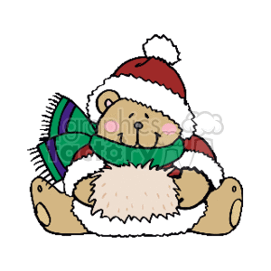 The clipart image features a cute teddy bear wearing a Santa hat and a green scarf. The bear appears to be in a cheerful, festive mood, with a closed-eyes smile, and is sitting down with its arms wide open as if ready for a hug.