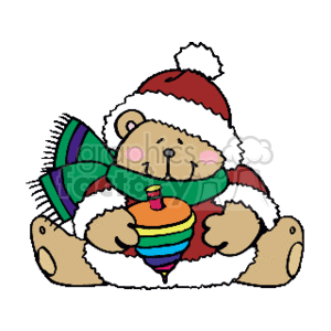 This is an image of a cute teddy bear wearing a Santa hat and a green and purple striped scarf. The bear is holding a colorful spinning top toy.