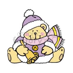This clipart image shows a cute teddy bear wearing a hat and a purple and yellow scarf, holding a golden bell. The bear appears to be sitting and has a joyful expression.