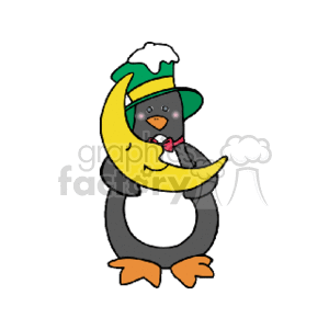 In the clipart image, there is a cartoon penguin wearing a green hat with a white brim and a snowy bobble on top. The penguin is hugging a crescent moon. It also wears a red bow tie, and the penguin has a happy expression.