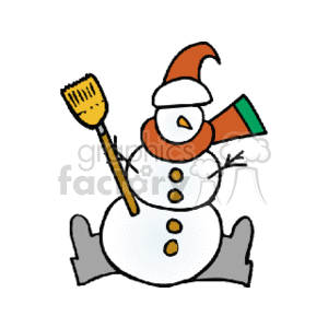 The image is a simple clipart illustration of a snowman. The snowman has three main spherical body sections, typical of a classic snowman, with the bottom two being larger than the top. It features a carrot nose, button eyes, a festive hat tilted to one side, and three buttons on its chest. Sticking out to the sides are two stick arms, with the right arm holding a broom. The snowman has a big, cheerful smile and appears to be wearing a scarf. The background is white.