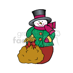 The clipart image depicts a cartoon-style snowman wearing a green jacket with red buttons, a red scarf, and a black top hat. The snowman is smiling and holding a brown sack tied with a red ribbon, possibly suggesting a bag of Christmas presents.
