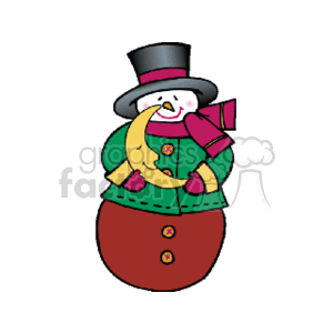 The clipart image depicts a happy snowman dressed in winter attire. The snowman features a carrot nose, a top hat, a scarf, mittens, and is adorned with buttons. The snowman appears to be smiling and embracing a crescent-shaped moon.