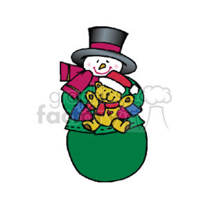 The image depicts a cheerful snowman. The snowman is wearing a top hat and a scarf, and is holding a teddy bear. The image conveys a playful and festive holiday spirit, suitable for Christmas-themed decorations or greetings.
