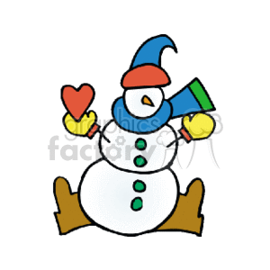 This is a clipart image of a cartoon snowman. The snowman has a joyful pose with one hand holding a red heart. It wears a blue hat with a blue scarf and has four green buttons on its chest. The snowman appears to be in a sitting position 